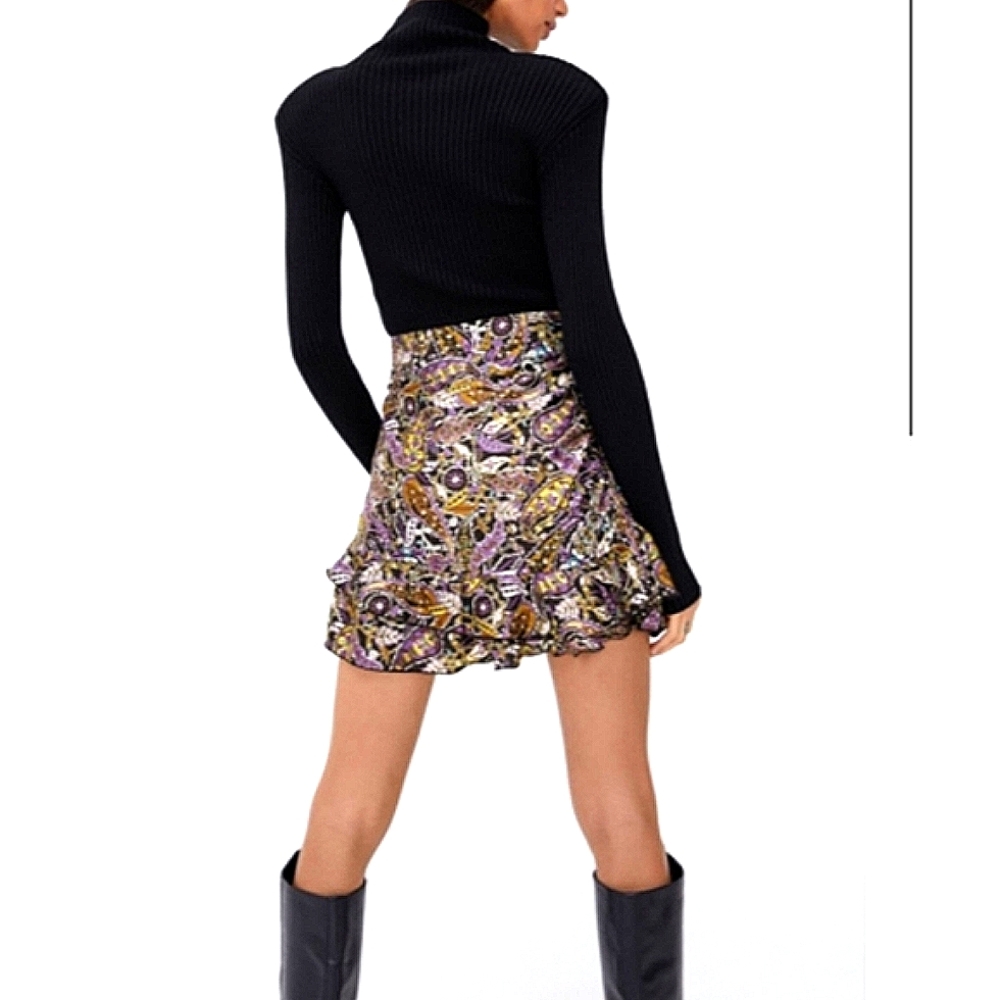 ZARA Purple Paisley Print Ruffle Mini Skirt - Picture 2 of 14